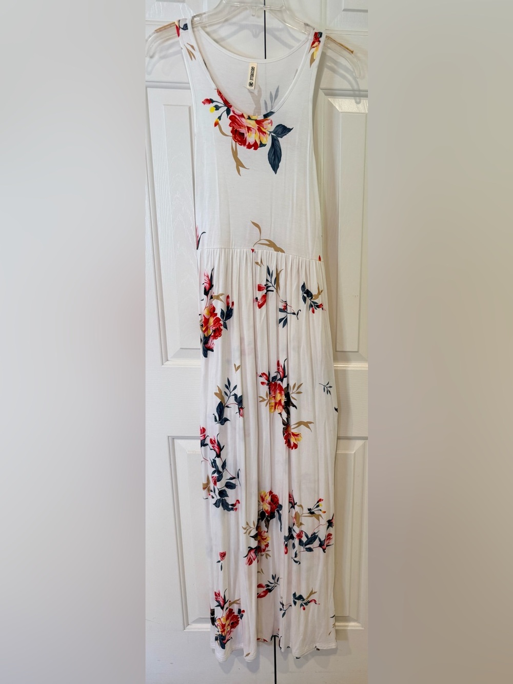 White Floral Maxi Sundress Dress with Red & Yellow Blooms with Pockets